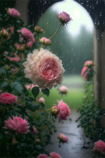 Rose bush with pink flowers in the rain generative ai