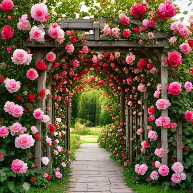 a rose covered walkway with roses and a gate