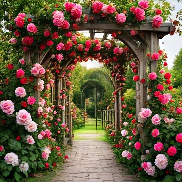 Photo a rose covered walkway with roses and a walkway