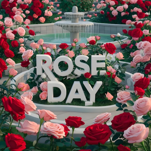 a rose day sign is in front of a fountain