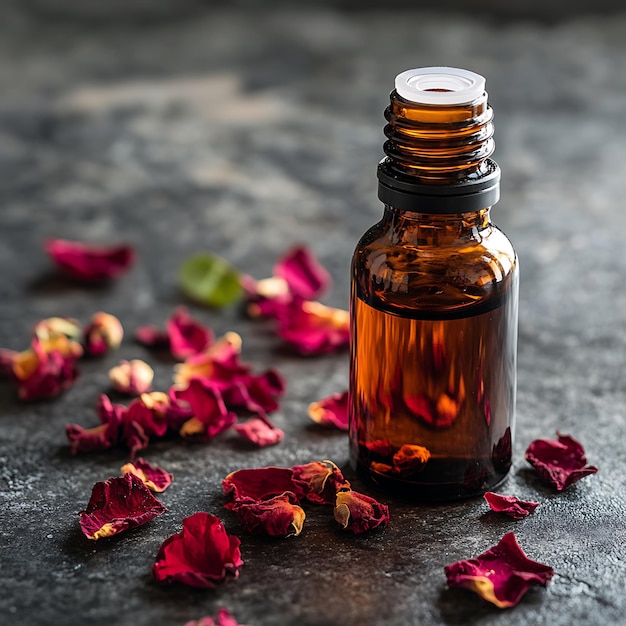 Photo rose essential oil bottle with dried rose petals