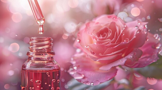 Photo rose essential oil dripping into a cosmetic container from a glass dropper