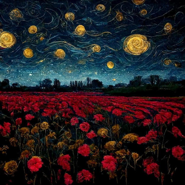 Rose Fields Under a Starry Night