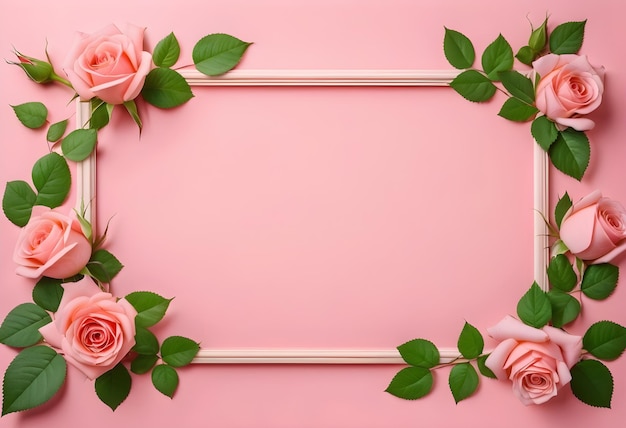 Rose flower banner on pink background with green leaves