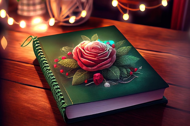 Rose flower on green leather book on wooden table on background Generative Ai