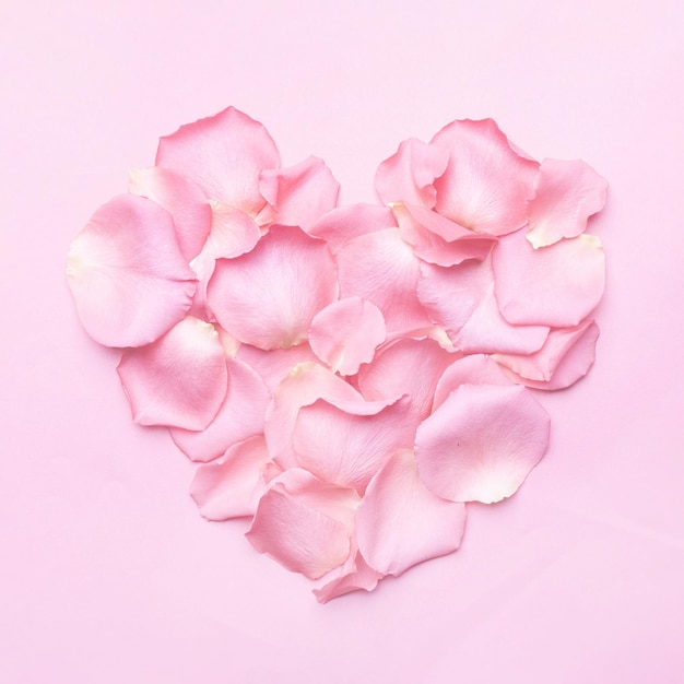 Photo rose flower petals in heart shape on a pink pastel background