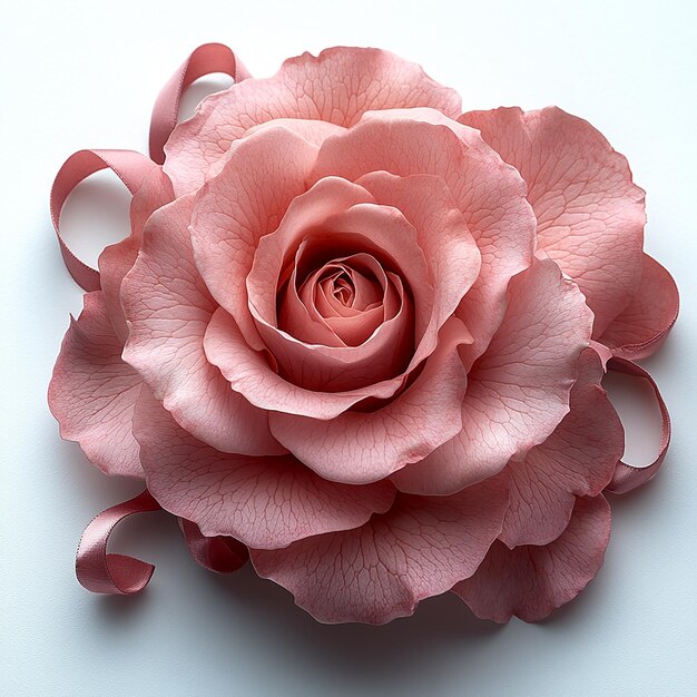 Photo rose flower with spiral ribbon on white background