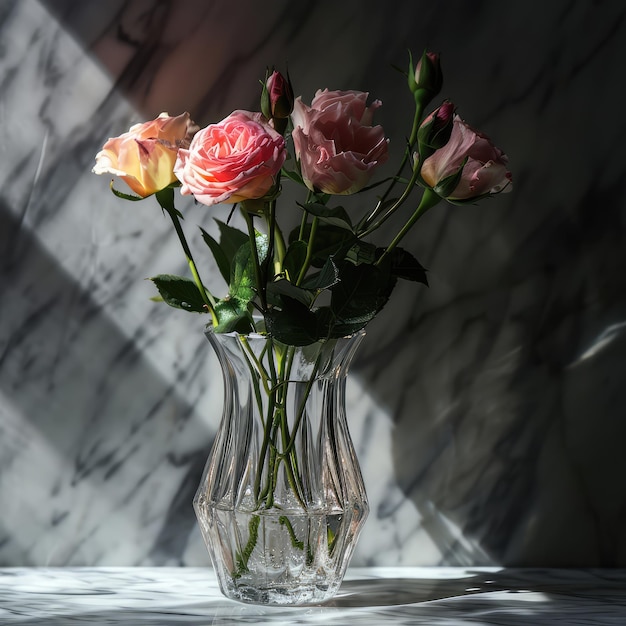 Rose flowers in a glass vase with a background of natural marble stone Concept of decoration plant