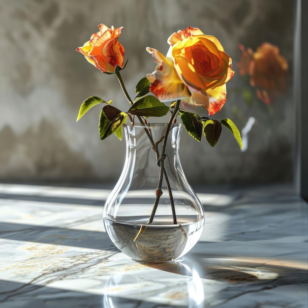 Rose flowers in a glass vase with a background of natural marble stone Concept of decoration plant