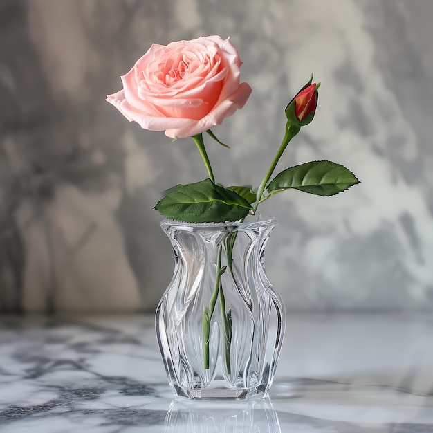 Rose flowers in a glass vase with a background of natural marble stone Concept of decoration plant