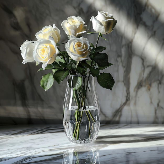 Rose flowers in a glass vase with a background of natural marble stone Concept of decoration plant