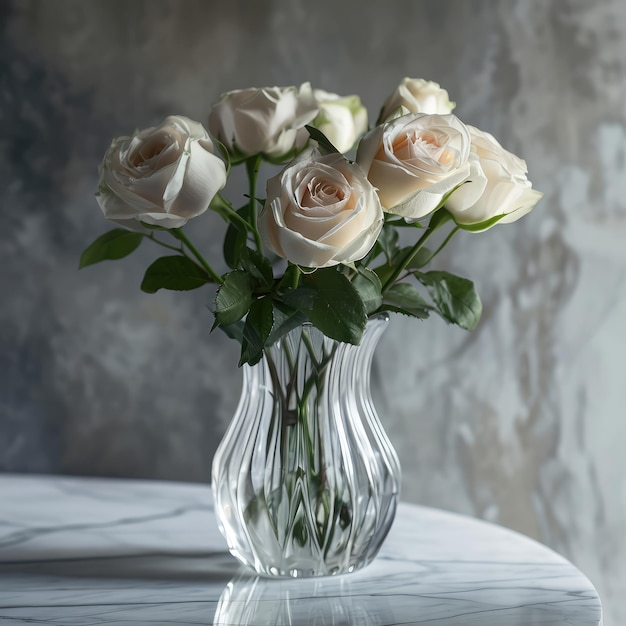 Rose flowers in a glass vase with a background of natural marble stone Concept of decoration plant