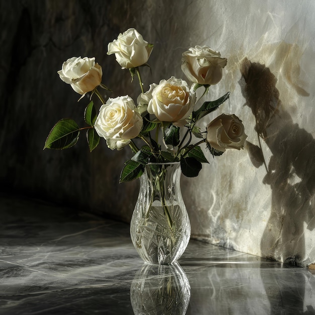 Rose flowers in a glass vase with a background of natural marble stone Concept of decoration plant