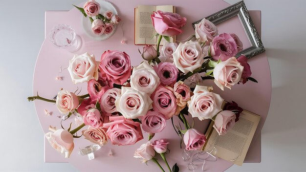 Rose flowers on pink table from above flat lay frame