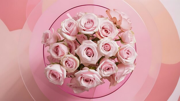 Rose flowers on pink table from above flat lay frame