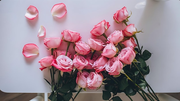 Rose flowers on pink table from above flat lay frame