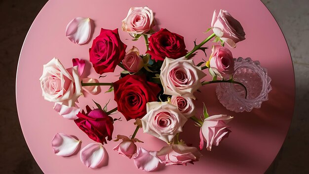 Rose flowers on pink table from above flat lay frame