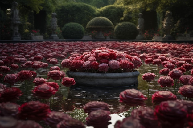 Rose garden fountain Spring flower Generate Ai