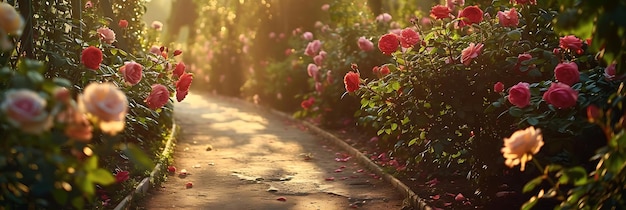 Photo rose garden path with sunlight and petals realistic photo