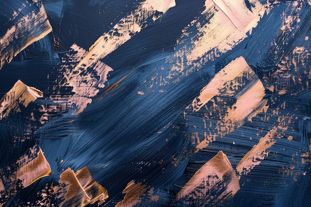 Photo rose gold brushstrokes on a navy blue canvas abstract metallic sheen