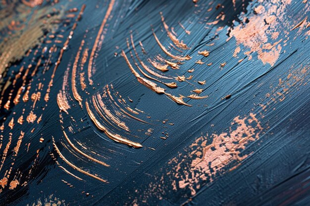 Photo rose gold brushstrokes on a navy blue canvas abstract metallic sheen