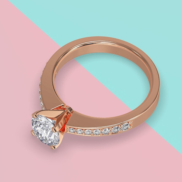 Rose gold engagement solitaire ring with side stones on shank 3d render