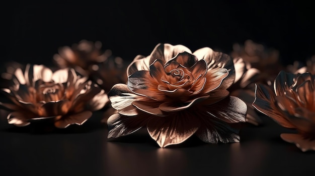 Rose gold flowers on a black background Generative ai