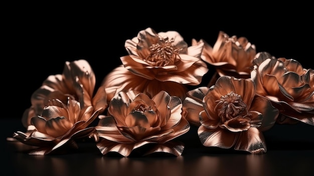 Rose gold flowers on a black background Generative ai