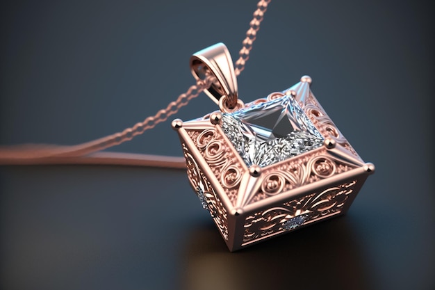 rose gold pendant with diamond on black background