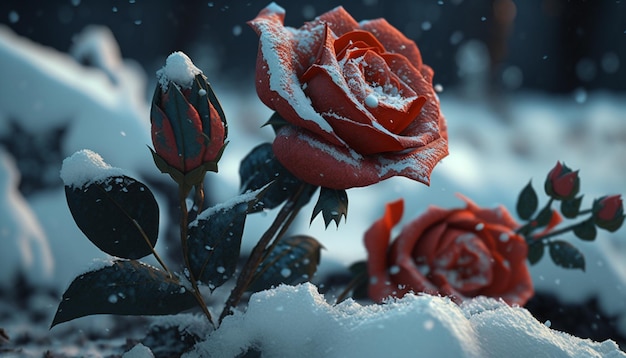 A rose grows from the snow Generative AI