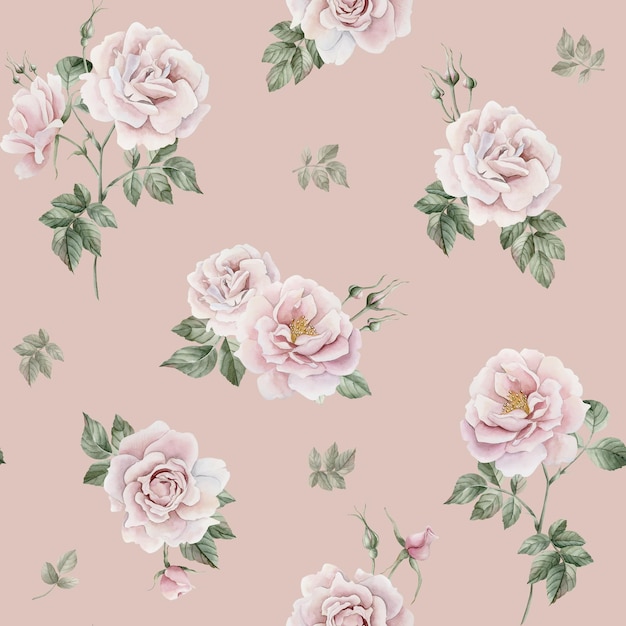 Rose hip pink flowers with buds and leaves Victorian style watercolor seamless pattern on peach pink