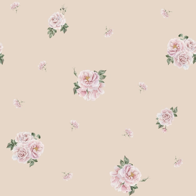 Rose hip pink flowers with green leaves Victorian style watercolor seamless pattern on beige