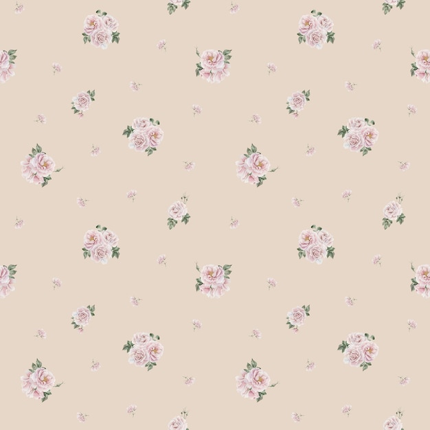 Rose hip pink flowers with green leaves Victorian style watercolor seamless pattern on beige