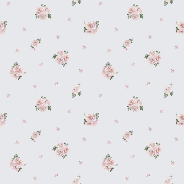 Rose hip pink flowers with green leaves Victorian style watercolor seamless pattern on light blue