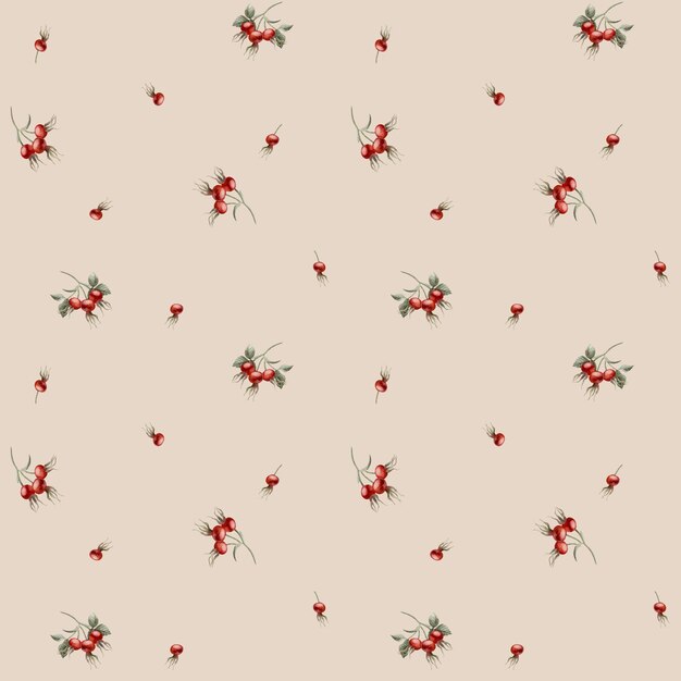 Rose hip red berries watercolor seamless minimalistic floral pattern on beige background