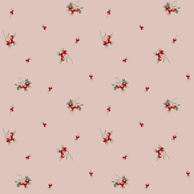 Rose hip red berries watercolor seamless minimalistic floral pattern on peach pink background