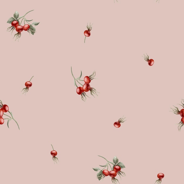 Rose hip red berries watercolor seamless minimalistic floral pattern on peach pink background