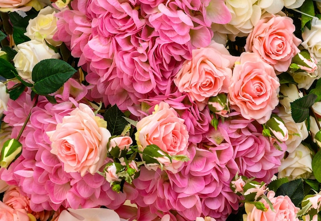 Rose and hydrangea flowers top view of large bouquet of artificial flowers