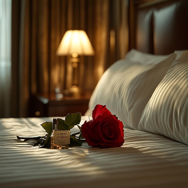 Photo a rose is laying on a bed with a lamp behind it