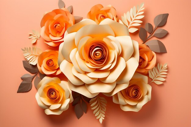 Rose Paper Flower Lively Colorful Design on Light Orange Generative AI