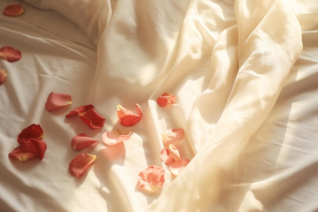 rose petal on bed surface copy space aesthetic fabric texture romantic mood