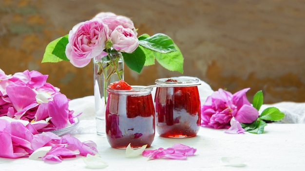 Rose petal jam on the white background