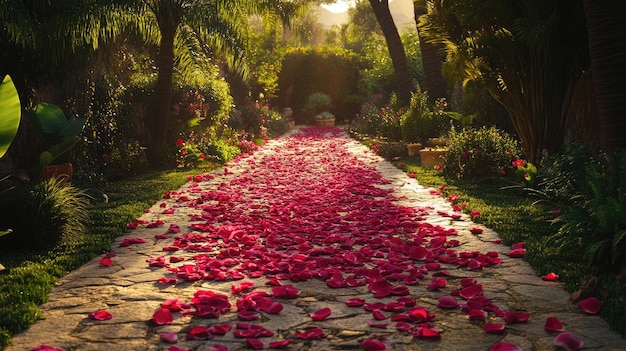 Photo a rose petalcovered pathway leading through a lush garden inviting exploration and serenity