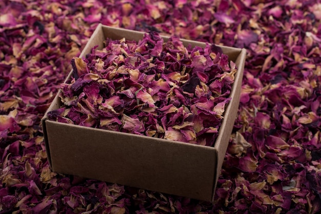 Rose petals in box and as a background