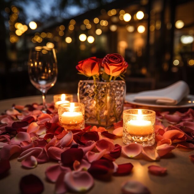 Rose Petals Heartshaped Plates and Flickering Candlelight