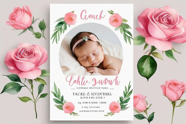 Photo rose pink flower watercolor baby announcement template