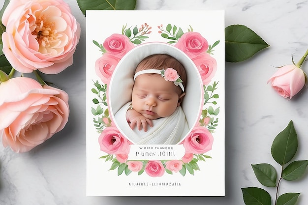 Photo rose pink flower watercolor baby announcement template