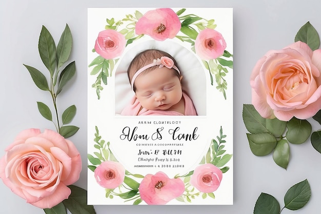 Photo rose pink flower watercolor baby announcement template