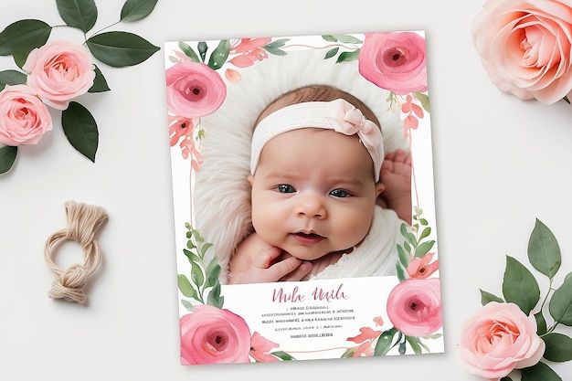 Photo rose pink flower watercolor baby announcement template