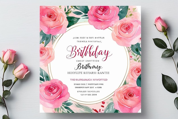 Photo rose pink flower watercolor birthday invitation template